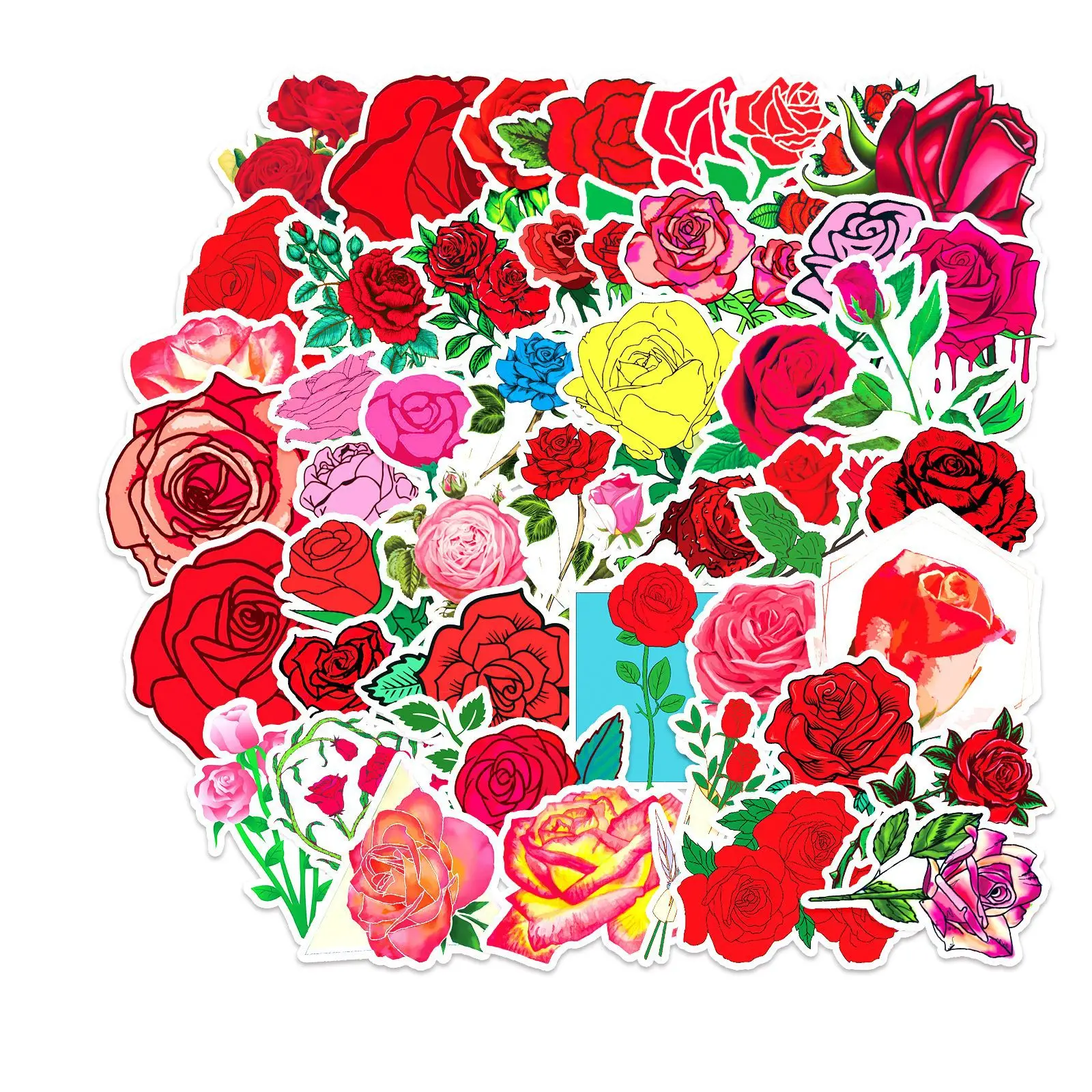 50pcs Rose Flower Sticker Graffiti Glasses Cups Waterproof Stickers Skateboard Travel Pencil Cases Suitcase Phone DIY Toys