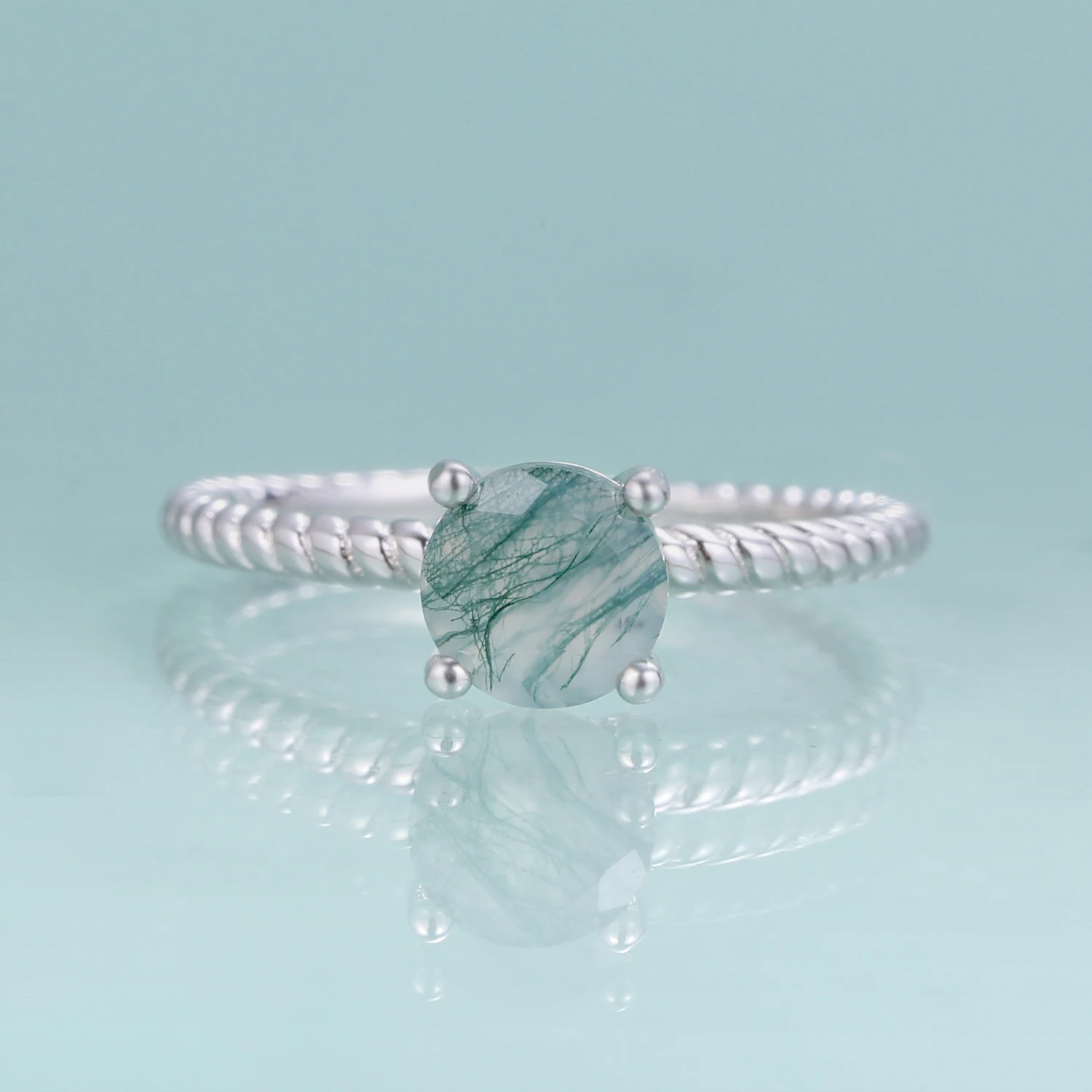 

Gem's Beauty 925 Sterling Silver Moss Agate Ring Round Gemstone Wedding Bands Prong Setting Fine Jewelry for Women
