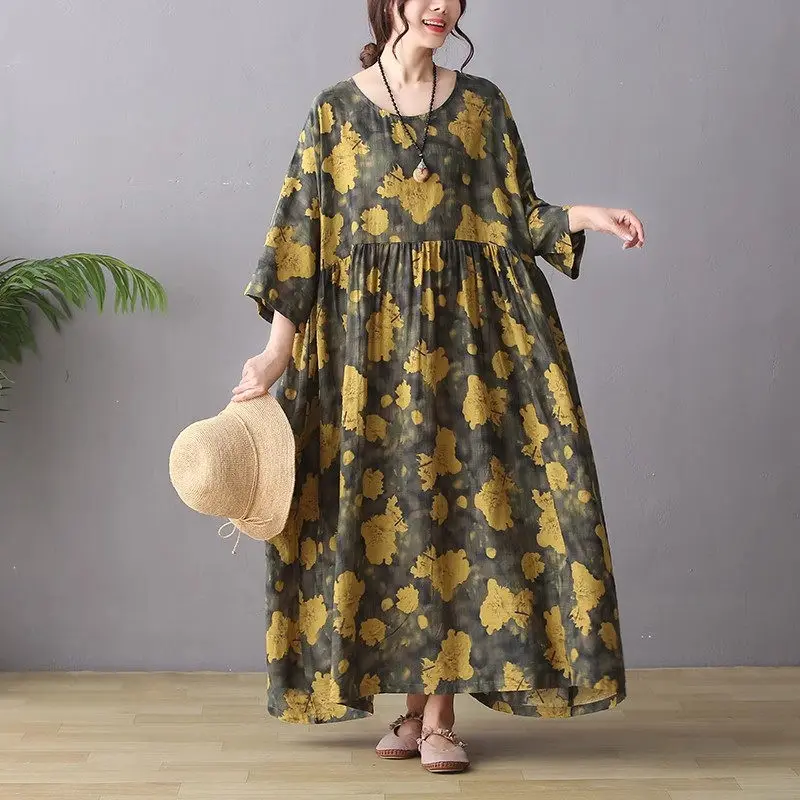 

Etxra женская одежда большого размера, длинное мешковатое платье в стиле ретро из хлопка и льна 2023, Осеннее модное повседневное свободное платье с принтом Z2914