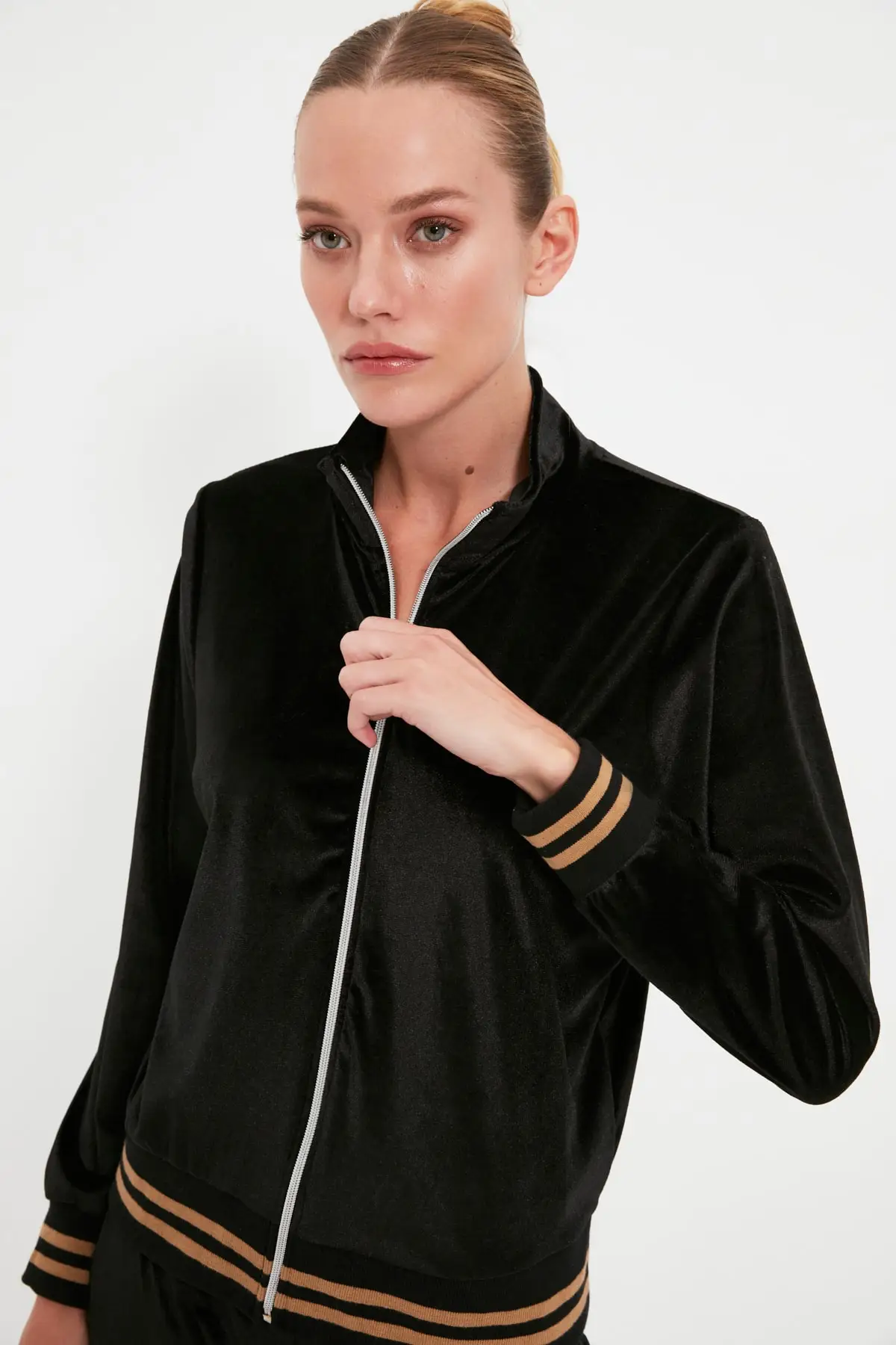 

Women's Sweatshirt Black Zippered Stand Up Velvet Knitted Hoodies Fashion All Season New Designer Pullovers Fleece Hoodies