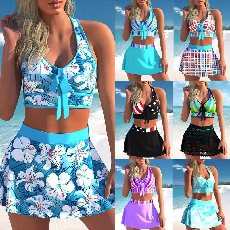 

2023 New Bow Split Swimwear High Waist Large Multi Color Print Cross Strap Swimwear Bikini Trouser Skirt Black Flag, Blue Halo D