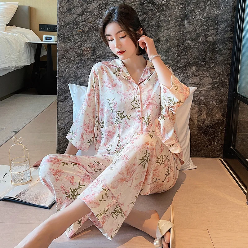 Designer Winter Pajamas For Women 2 Piece Sets Womens Outfits Silk Pajamas For Women Night Wears Lounge Set