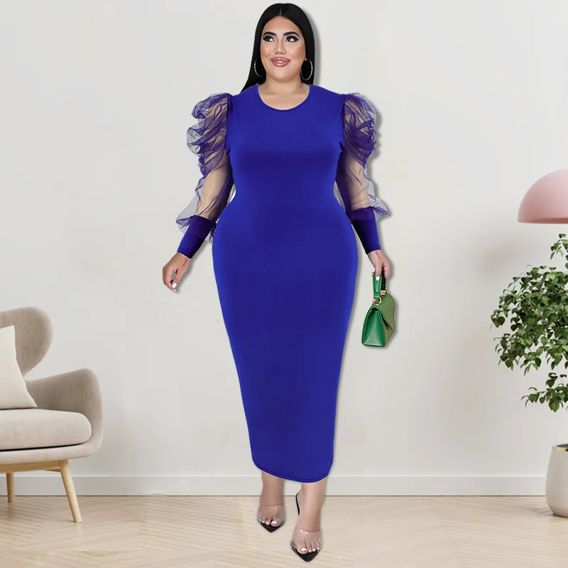 2022 Plus Size New Solid Color Tight Long Dress Party Style Round Neck Mesh Panel Bubble Sleeve Elegant Women's Tight Dress