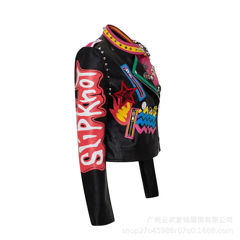 European And American Motorcycle Style Leather Coat, Women'S Graffiti Printing Heavy Industry Jacket, Fashion, Handsome, Persona