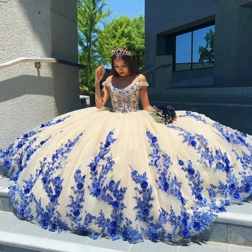 

2022 Arabic Style Blue Quinceanera Dresses Masquerade Puffy Ball Gown Prom Dress With Appliques Sweet 16 vestidos de 15 anos