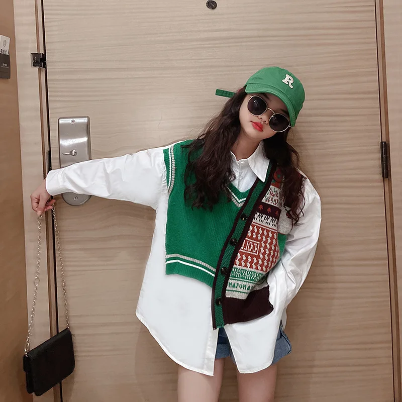 

2022 New Teen Girls Fashion White Shirts Long Sleeve Patchwork faux two pieces Tops 6 8 10 11 12 13 14 15 years