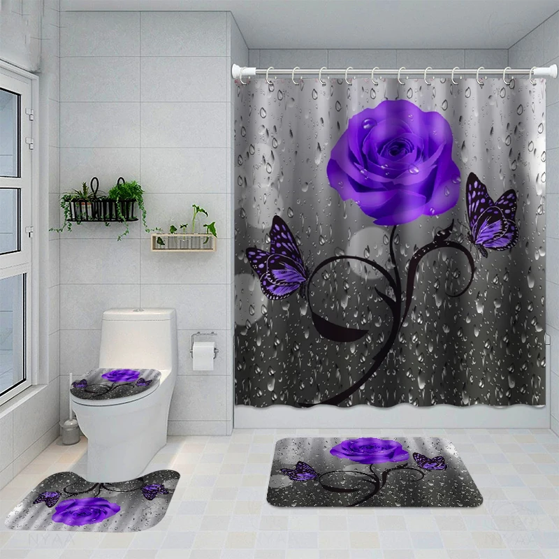 

Waterproof Bathing Shower Curtain Set with 12 Hooks Toilet Covers Bath Mat for Bathroom Non-slip Rug Carpet Bathroom Accessories