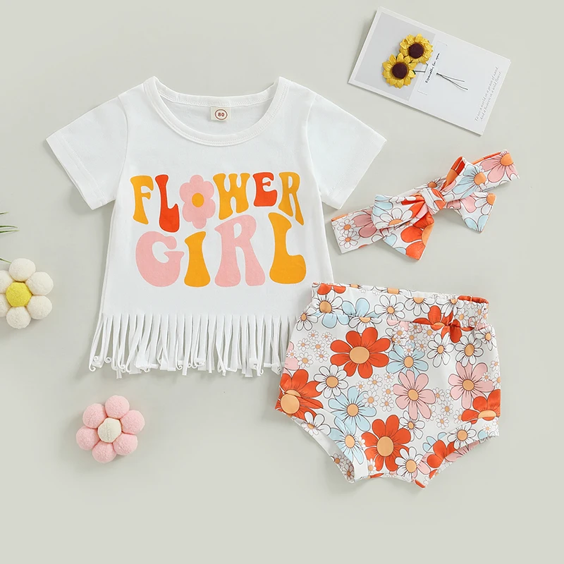 

0-24M Cute Kid Girl Clothes Set Short Sleeve Round Neck Letters Tassels Tops+Floral Short Pants Outfit+Headband Summer 3pcs