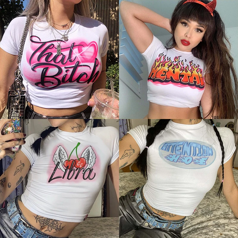 

2000s Streetwear Harajuku Goth Short Sleeve T-shirts Y2K Fashion Letter Print Cute Baby Tees Summer E-girl White Crop Tops Slim