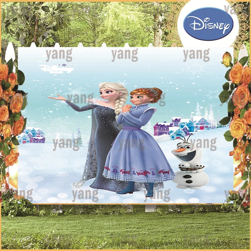 

Disney Cartoon Frozen Princess Elsa Anna Cute Olaf Snowflake Birthday Party Ice Castle Forest Backdrop Photography Background