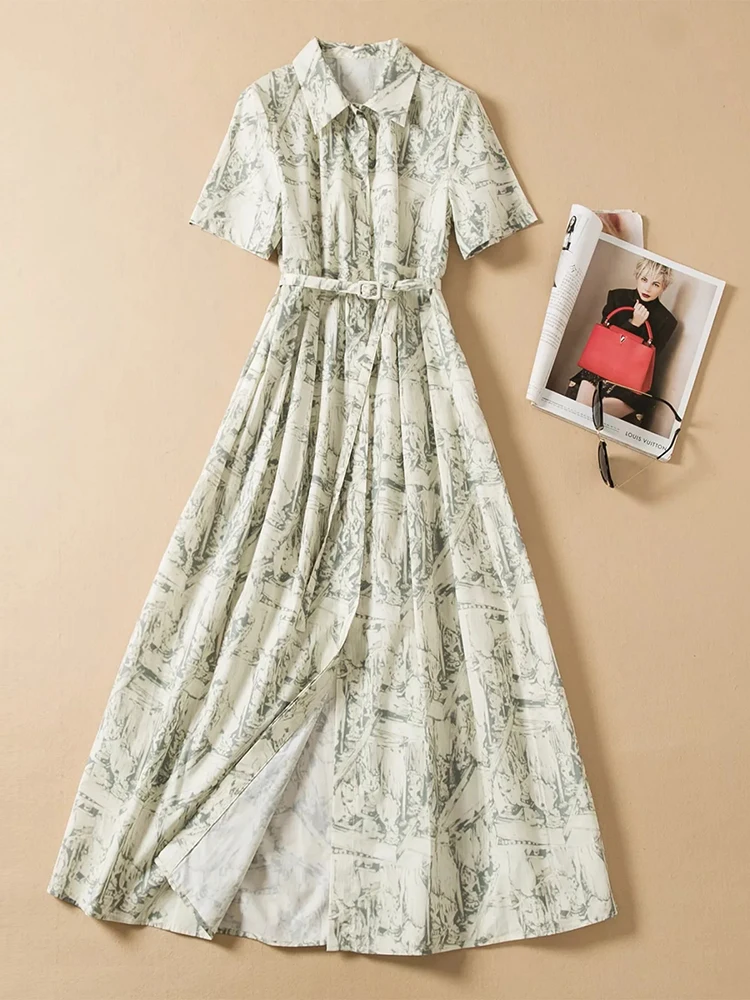 

Delocah High Quality Summer Women Fashion Runway Long Dress Short Sleeve With Belt High Waist Vintage Shirt Style Cotton Dresses