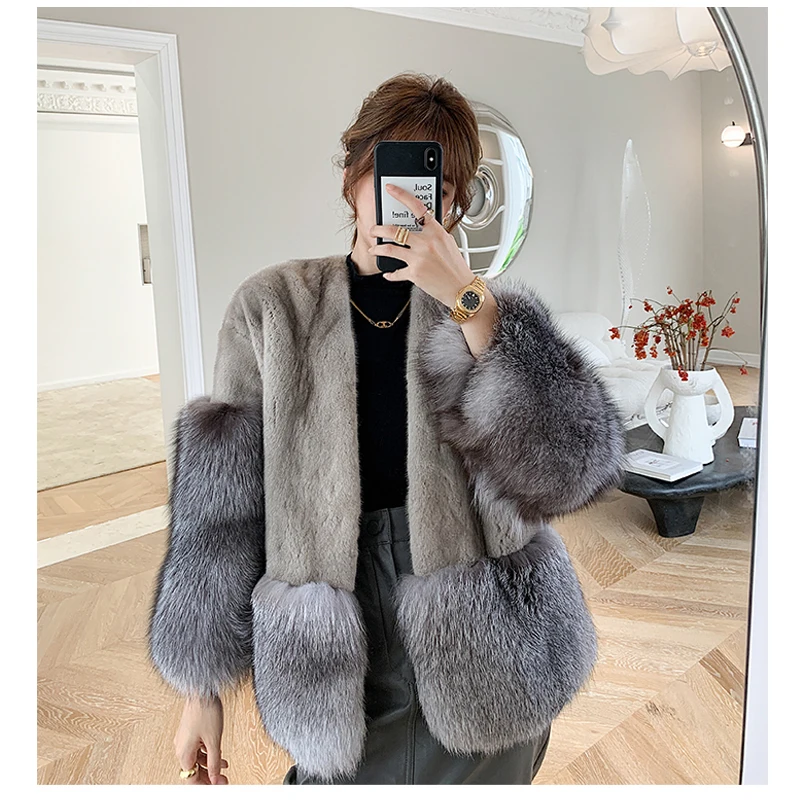 New 100% Natural Importe Mink Fur Coats 2022 Winer Fashion Warm Female Short Real Mink Fur Coat Real Fox Fur Jacket Women