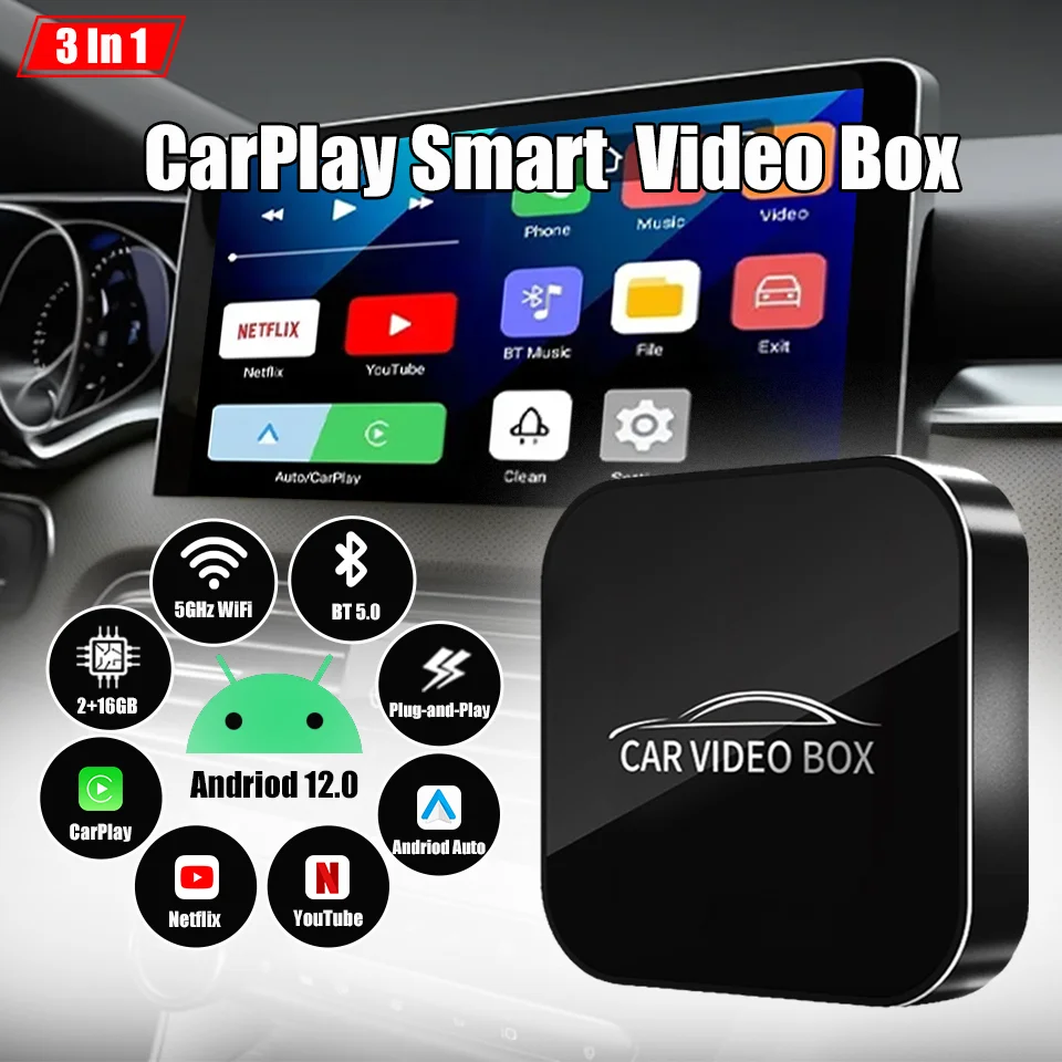 Andriod 12.0 Smart Video Box Wireless Android Auto Carplay Мультимедийный адаптер 3в1 Встроенный Netflix YouTube Plug