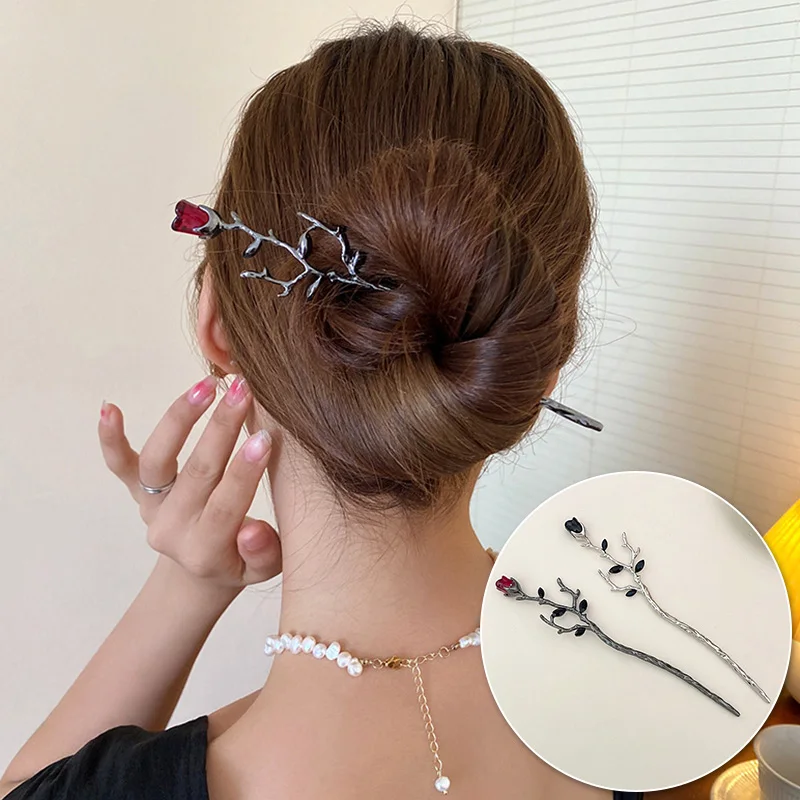 

Simple Flower Black Red Hairpin Vintage Rose Hair Sticks Hairwear for Women Hair Chopstick Disk Hairstick Headdress Jewelry