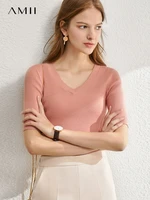 amii minimalist summer tshirts for women fashion oneck slim casual knit t shirt short sleeve solid tops female clothing 12220068
