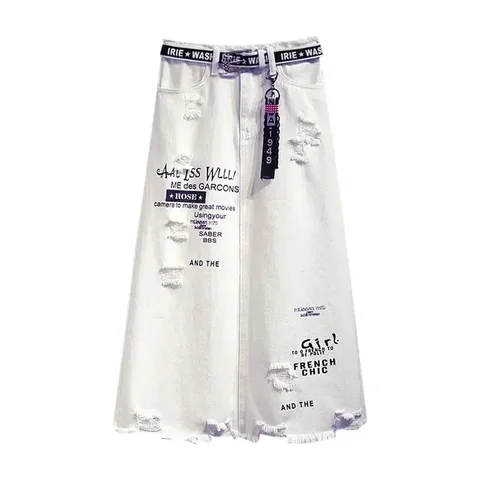 2025 New Women Women Salia White Denim Long Saias Letra Imprimir Estilo Coreano Fashion Hole Oversize Size