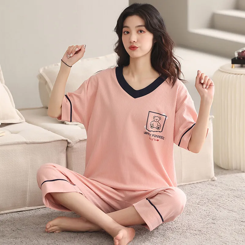 2022 Spring Summer Fashion Women's Casual Lovely Striped Sleepwear Homewear Pajamas Women Set With Calf-Lenght Pants Bear