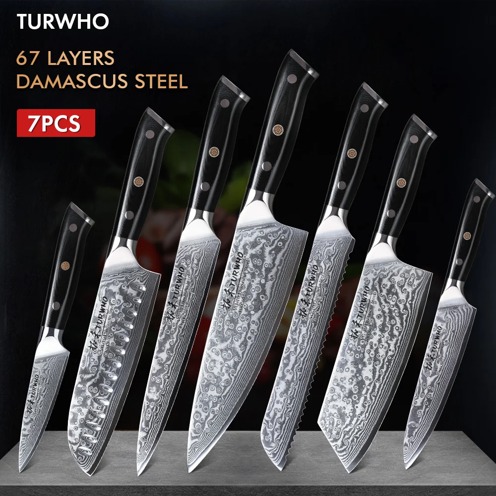 

Набор ножей TURWHO из 7 предметов, профессиональный шеф-нож сантоку из дамасской стали VG10, 67 слоев, сердцевина из стали, подходит для кухни