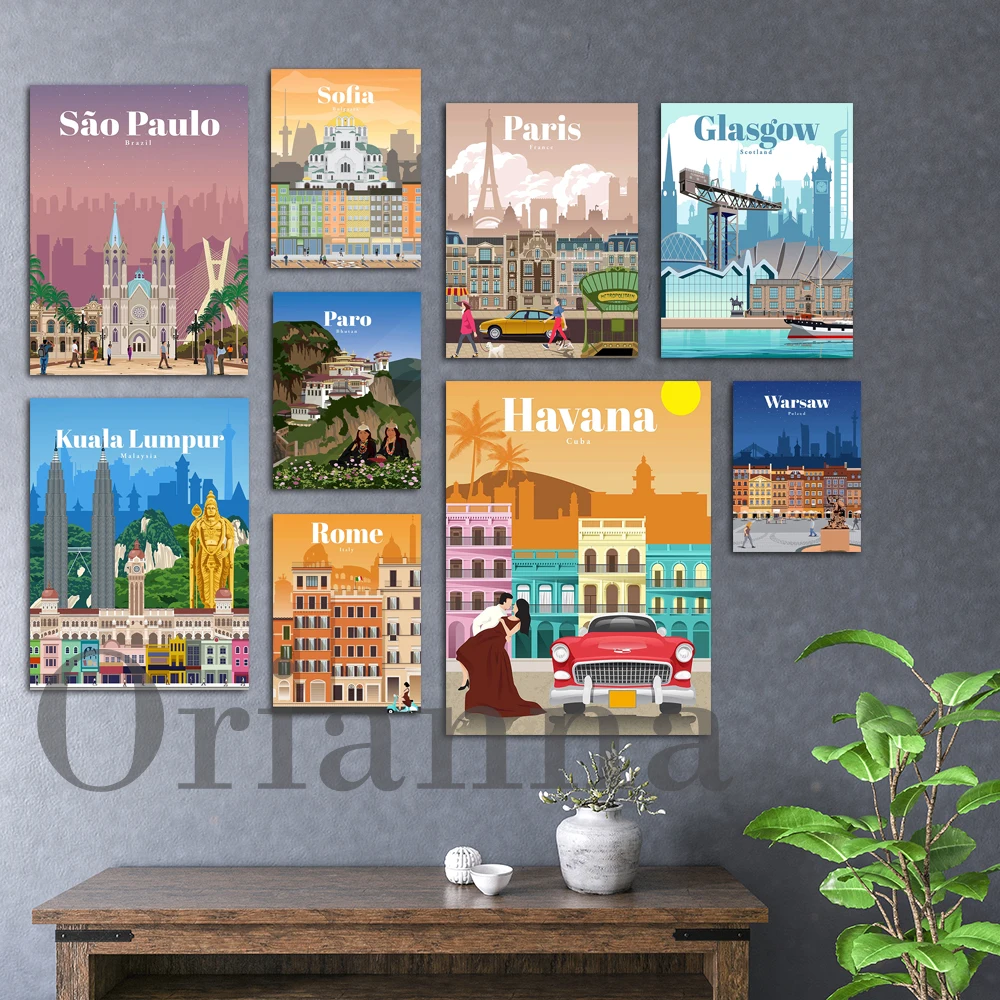 Глазго, Париж, Гавана, Рим, Сан-Паулу, варшва, София, динант, Куала-Лумпур, алель, парао, городской постер для путешествий, настенная печать