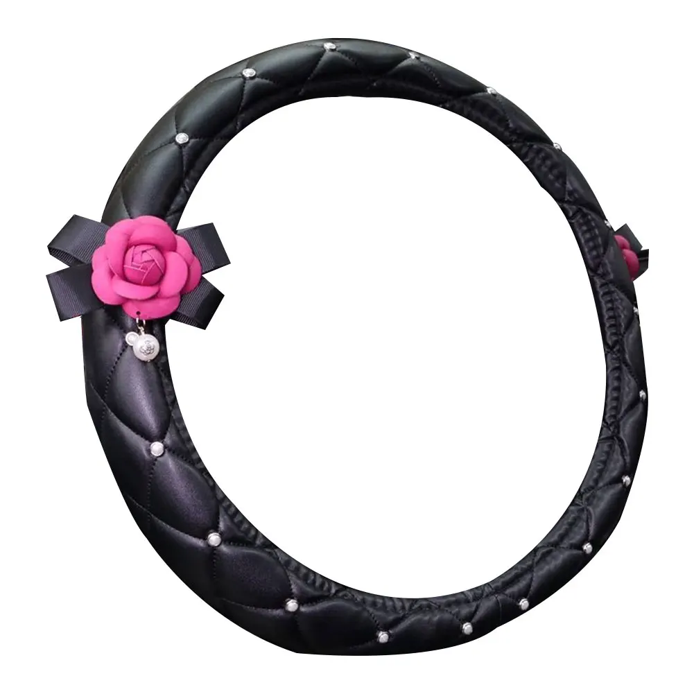 

Camellia Flower Car Interior Accessories Crystal Leather Steering Wheel Cover Seat Belt Shifter Cover Auto Headrest Mirror Case