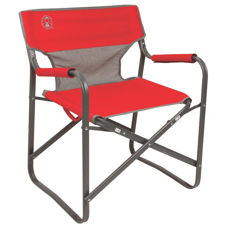 

Folding Adult Deck Chair Red Cooling Mesh Back Strong Steel Frame Comfortable Padded Arms Outdoor Beach Chairs Furniture