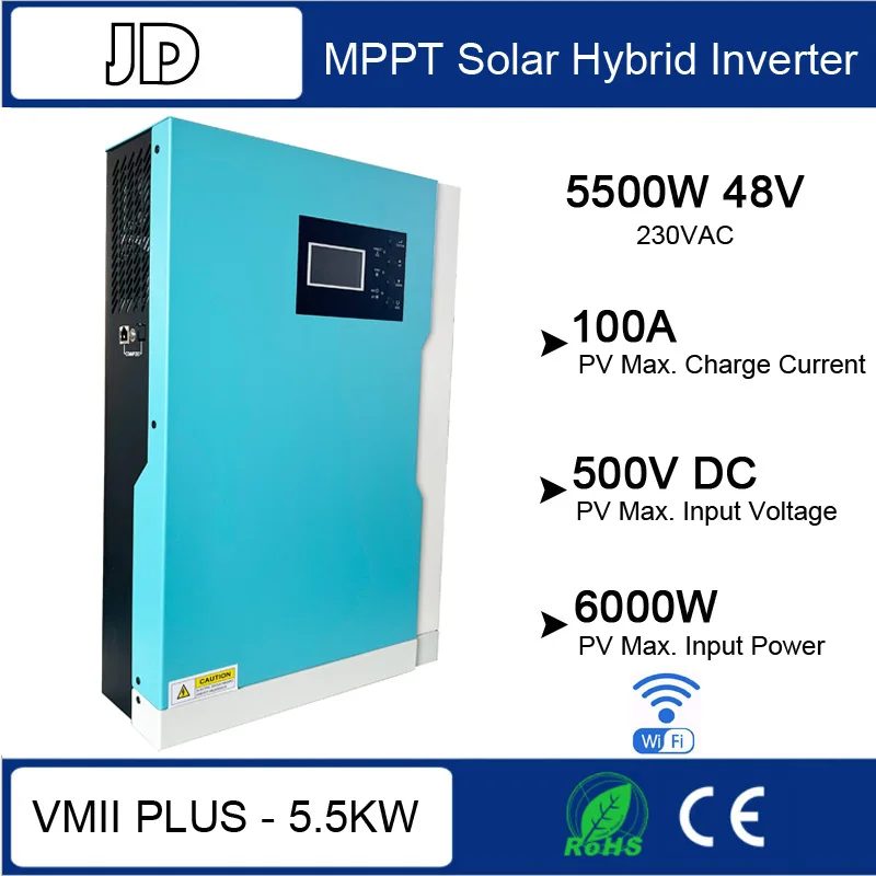 Гибридный инвертор Off-Grid 5500W с MPPT солнечным контроллером 100A, чистый синусоидный 48VDC на 220VAC с WiFi.