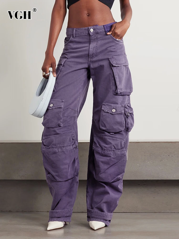 

Женские повседневные джинсовые брюки-карго VGH, однотонные Лоскутные Брюки с карманами и высокой талией, свободные уличные джинсы на пуговицах