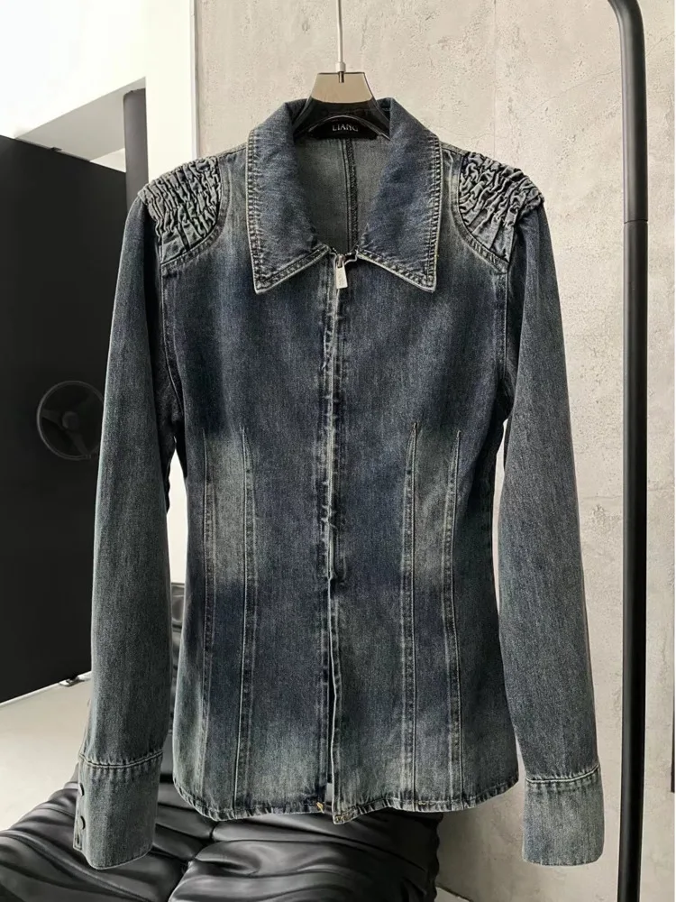 Женская джинсовая рубашка на молнии DEAT синяя облегающая плиссированная блузка