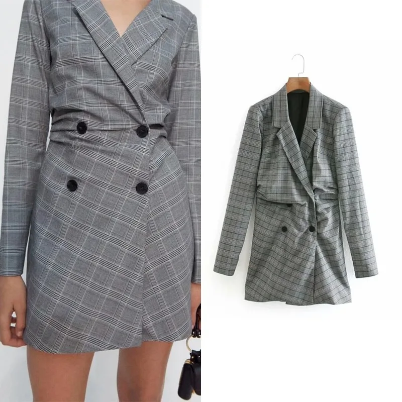 Women Long Plaid Blazer Dress Double Breasted Dress Style Blazer Office Lady Formal Clothing Sexy Elegant Commute Blazer Suit
