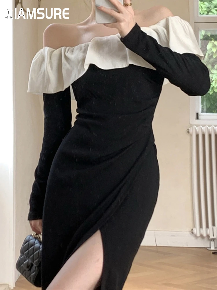 

IAMSURE Elegant Fashion Patchwork Ruffles Split Dress French Style Slash Neck Long Sleeve Midi Dresses For Women 2022 Spring