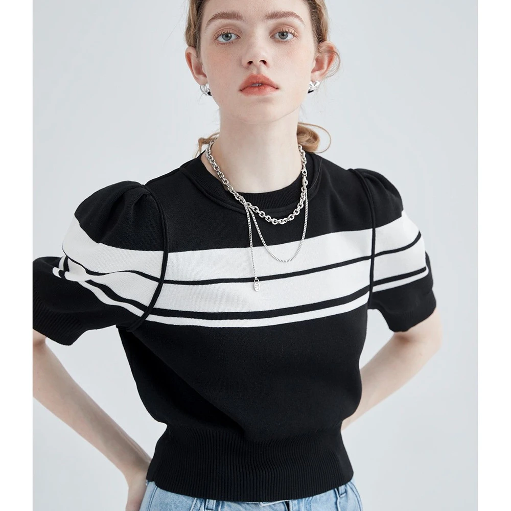 

Футболка женская контрастная с пышными рукавами, милая элегантная офисная Модная рубашка в Корейском стиле, цвет черный/белый