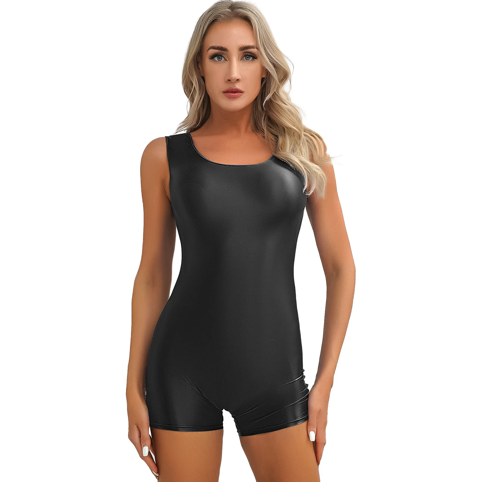 Women Short Bodysuit Glossy Sleeveless Solid Color Stretchy U Neck Jumpsuit for Yoga Dance Exercises Workout Swimming