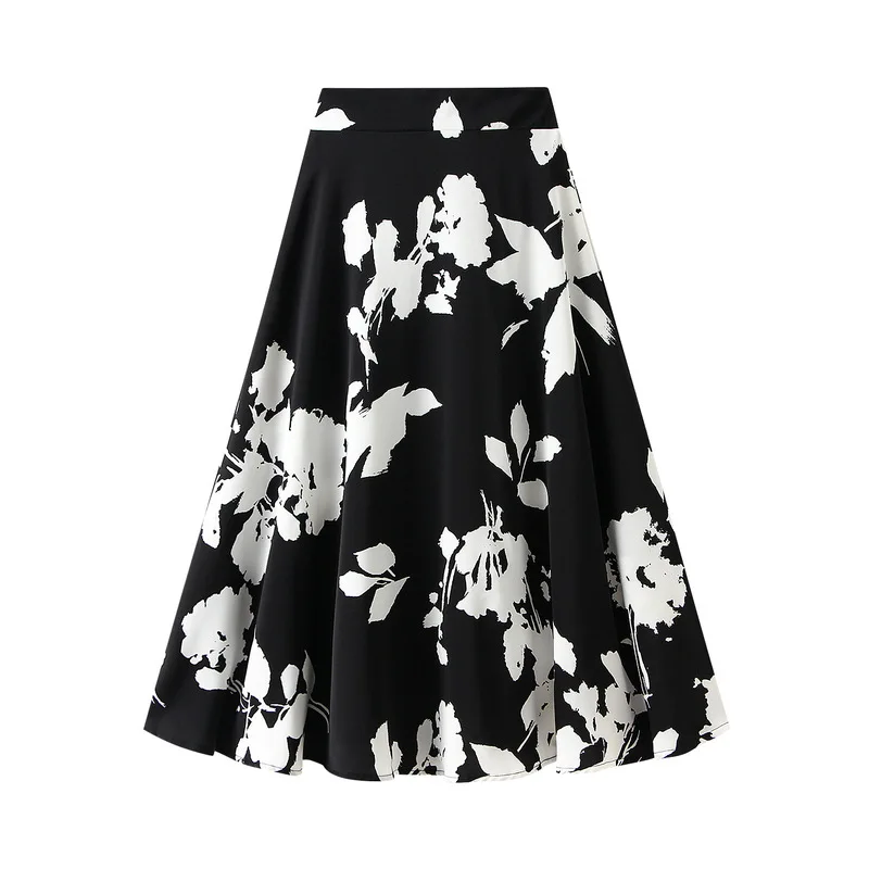 

New Half Length Women's Mid Length High Waist Slim Style Large Swing Printed A-line Skirt With Hundred Wrinkles Korean Skirt