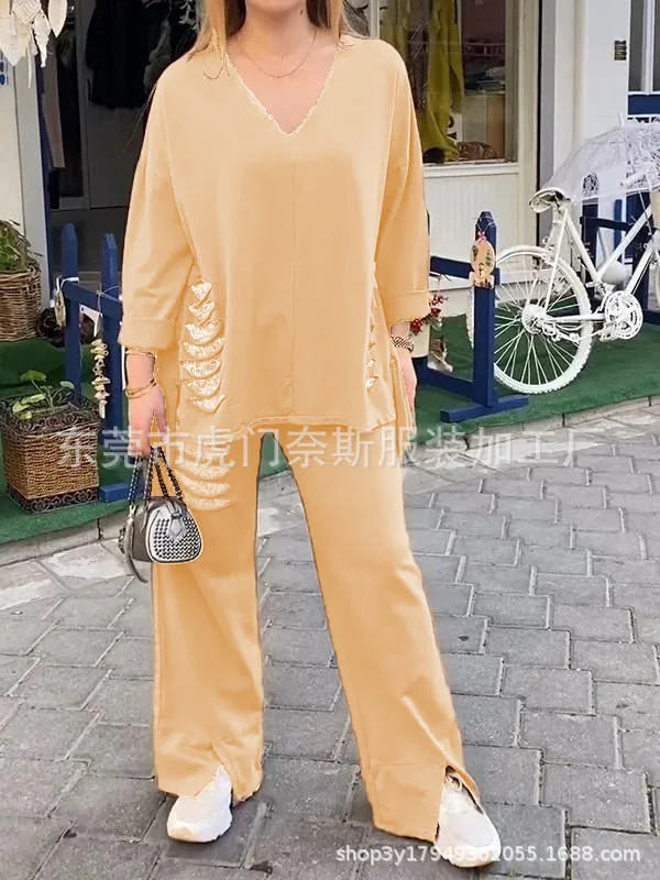 Однотонный повседневный хлопково-льняной костюм для женщин свободный топ с