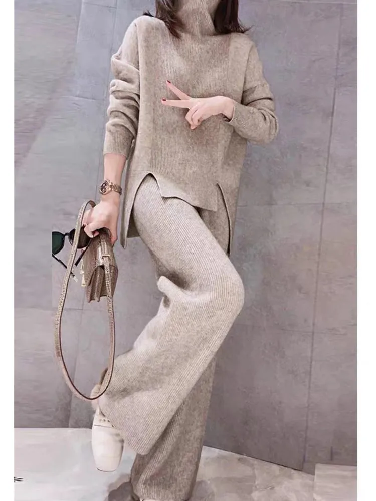 

SMTHMA новый осенне-зимний тонкий вязаный комплект из двух предметов, утолщенный теплый свободный свитер с высоким воротом, комплекты с широкими штанами