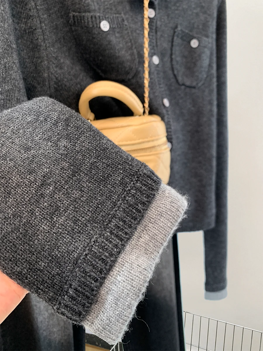 Gray Fake Two Pieces Long sleeve Knit cardigan Outerwear Women Spring and Autumn 2024 New Small Short Fleece Top