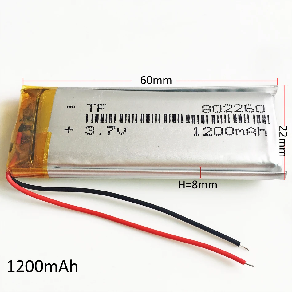 

3.7V 1200mAh Lithium Polymer LiPo Rechargeable Battery 802260 For Mp3 MP4 GPS PSP DVD mobile video game PAD E-books Tablet PC