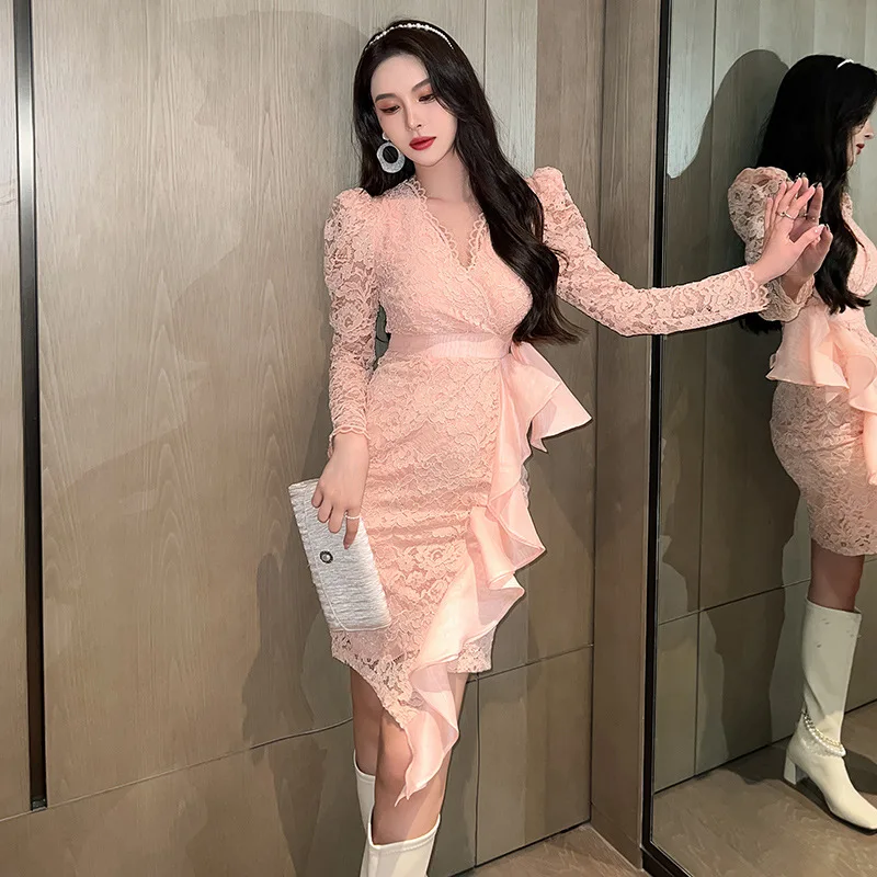 

2022 Autumn Women V Neck Long Sleeve Sheath Wrap Dress Patchwork Pink Ruffles Lace Dress Ladies Midi Sexy Party Bodycon Dress