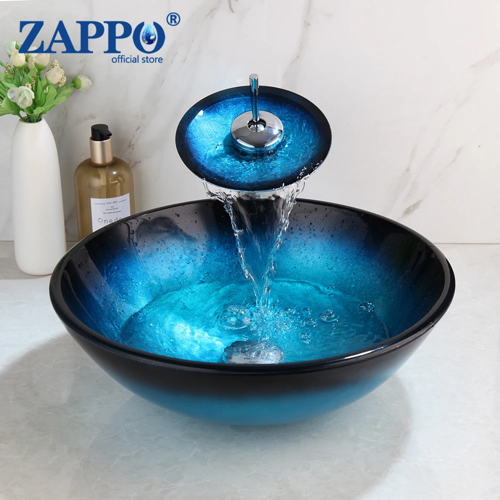 

ZAPPO Blue Tempered Glass Basin Sink Washbasin Faucet Set Bathroom Counter top Washroom Vessel Vanity Sink Mixer Tap