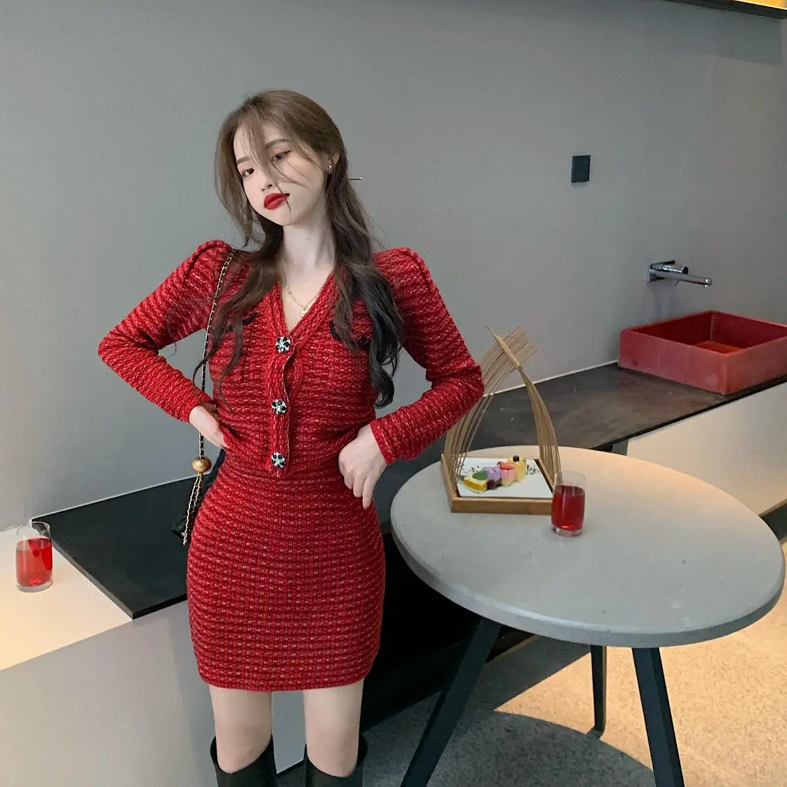 

Трикотажный кардиган с рисунком ежевики, красный свитер-кардиган, восстанавливающий древние путь, небольшая милая ветровка, зима-осень