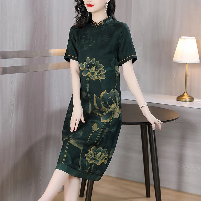 Новинка 2023 модное шелковое платье с принтом женское летнее универсальное