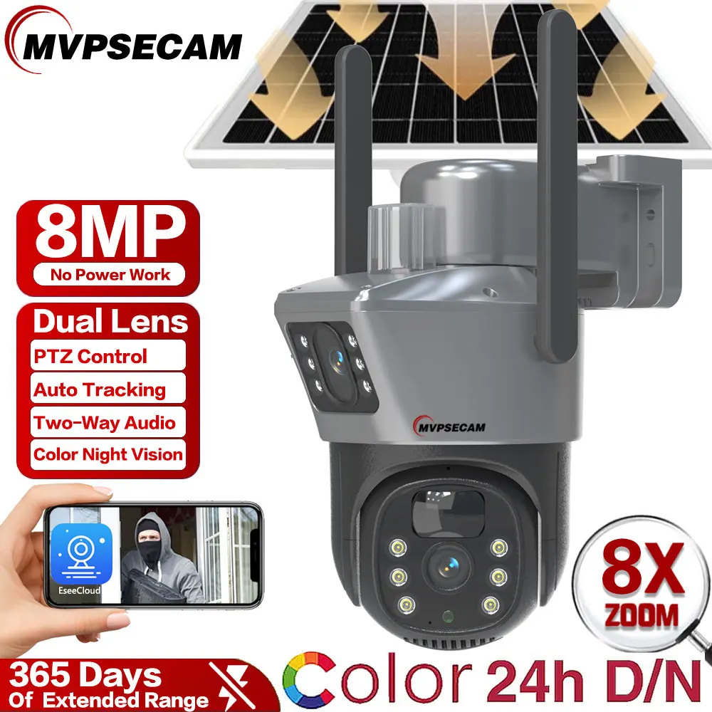 

8MP 4K WIFI Solar Camera Built-in Battery Wireless IP Camera Outdoor PIR Detection Security PTZ CamAuto Tracking Surveillance