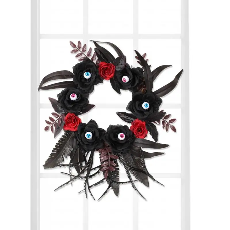 

Halloween Feather Wreath Creepy Eyeball Black Gothic Wreath Door Decorations 35cm/13.78Inch Halloween Garland Artificial Roses