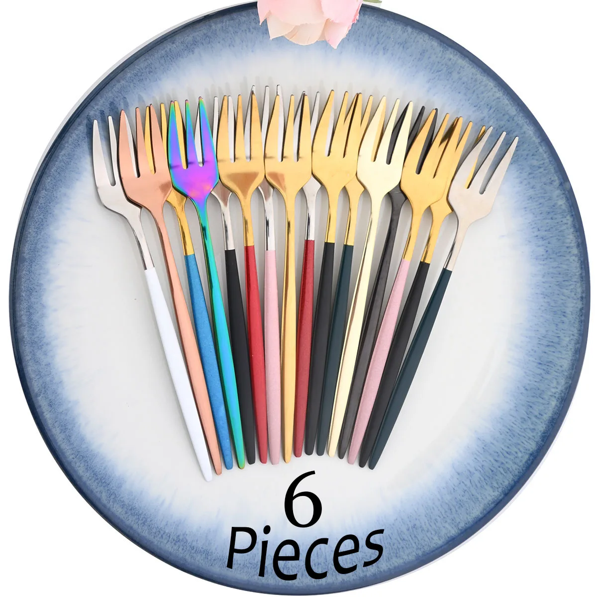 6pcs Tea Fork Set Stainless Steel Fruit Fork Set Rainbow Des