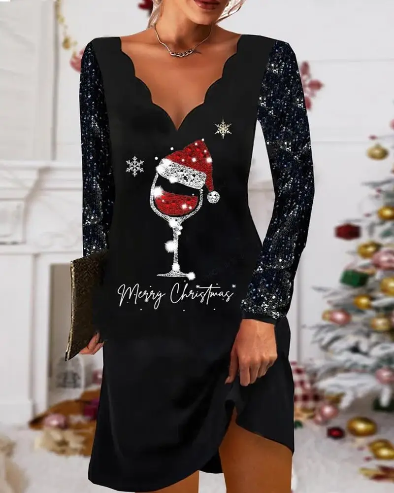 

2022 Autumn/Winter New Dress Women's Fashion Christmas V Neck Print Casual Dress