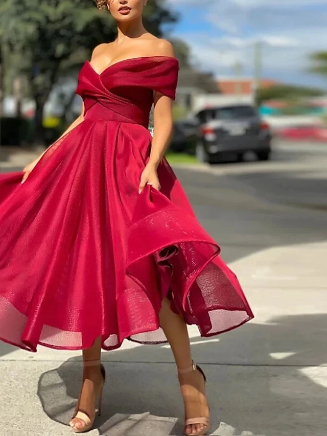 

Off The Shoulder A Line Tea Length Organza Elastic Net Quinceanera Dresses Short Dress
