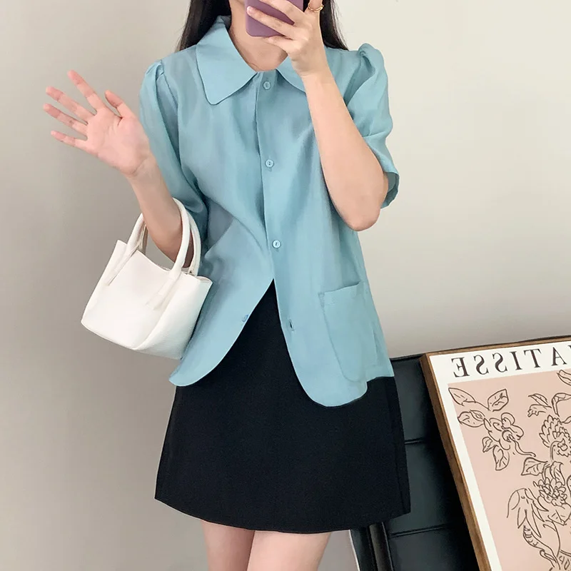 

Slik Texture Lapel Single Breasted Short Sleeved Shirt Blue Purple Beige Dual Pocket Women's Blouse Tops