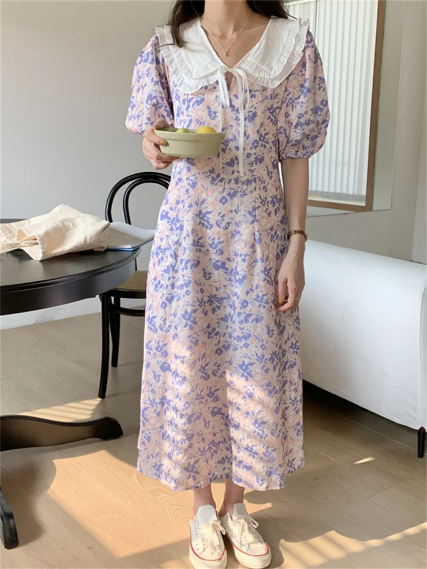 

Alien Kitty Pink Women Long Dress Vintage Short Sleeves Floral Chic All Match High Waist Slim Summer Close Waist Daily Hot Mujer