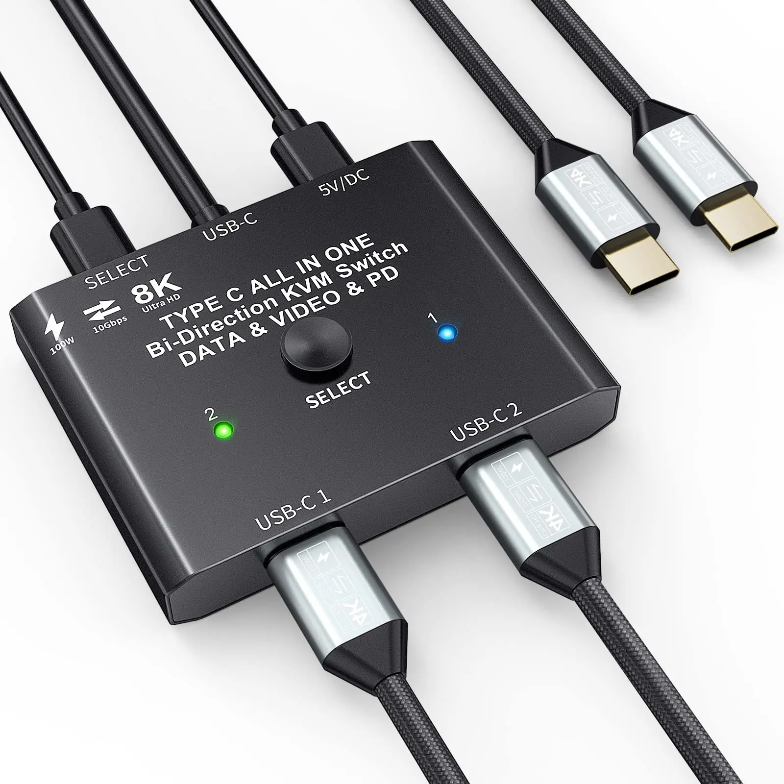 USB-C переключатель, двунаправленный переключатель USB C 2 в 1 Out/1 в 2 Out Type C KVM Switch поддерживает передачу видео/10 Гбит/с