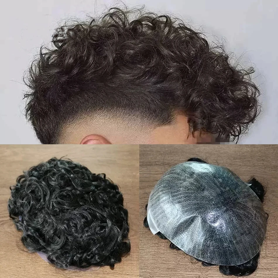 

Thin Skin Base 20MM Curly #1B Color 8x10inch Human Hair Toupee Replacement System Full Machine Made Injected Technical Men's Wig